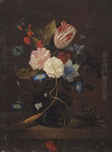 A Tulip, A Cornflower, Roses, A Carnation And Other Flowers In A Glass Vase On A Ledge by Gaspard Thielens
