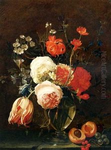 A Still Life Of Flowers In A Glass Vase With Fruit On A Stone Ledge