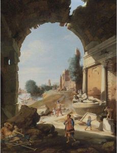 Figures Among Ruins By The Tiber by Bartholomeus Breenbergh