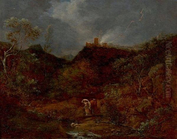 Couple Fuyant L'orage Dans Un Paysage Rocheux - view 1