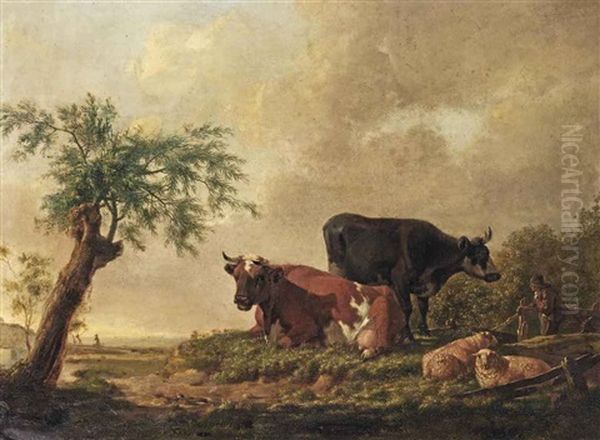 A Pastoral Landscape With A Farmer And His Cattle Resting - view 1