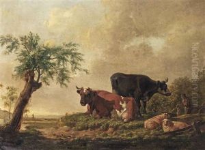 A Pastoral Landscape With A Farmer And His Cattle Resting by Barend Hendrik Thier