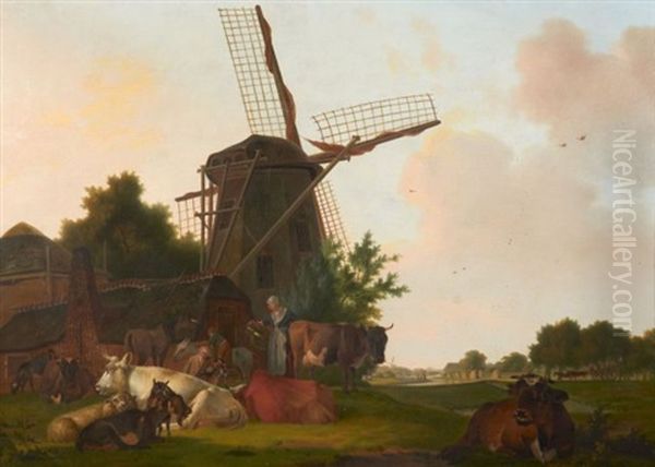 Vachere Et Son Troupeau Au Pied D'un Moulin - view 1