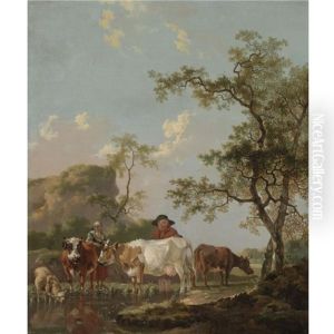 A Landscape With Two Peasants And Their Cattle Beside A Stream by Barend Hendrik Thier