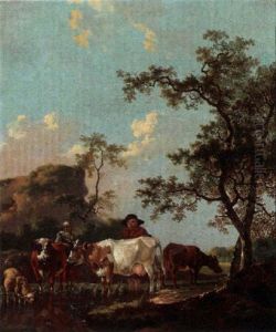 A Shepherd And Shepherdess Watering Their Herd by Barend Hendrik Thier