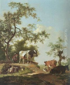 Landscape With A Drover And Cattle Crossing The Bridge by Barend Hendrik Thier