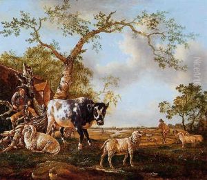 Weids Landschap Met Een Herdersjongen, Een Koe En Schapen by Barend Hendrik Thier