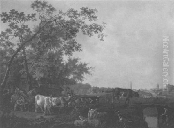 Drovers And Cattle Crossing A Bridge With A View Of Delft In The Distance - view 1
