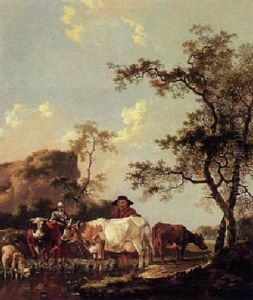 Shepherd And Shepherdess With Their Herd Near A Watering Place by Barend Hendrik Thier