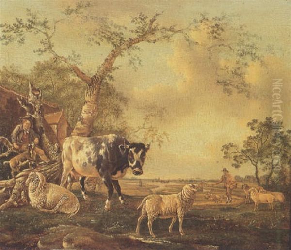 Wijds Landschap Met Een Herdersjongen, Een Koe En Schapen Bij Een Boom - view 1
