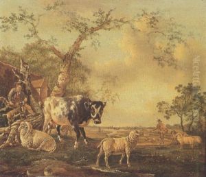 Wijds Landschap Met Een Herdersjongen, Een Koe En Schapen Bij Een Boom by Barend Hendrik Thier