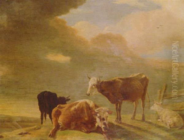 An Evening Landscape With Three Bulls And A Sheep Above A Meadow - view 1