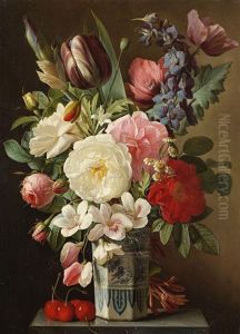 Blumenstillleben Mit Rosen Und Tulpen In Einer Delfter Vase