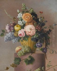 Roses, Morning Glory, Carnations, Stocks, Auriculas And Other Flowers In A Basket On A Stone Edge With Grapes And A Peach, A Greenfinch On A Branch Below by Augustin Alexandre Thierriat De Lyon