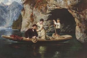 Young Couple With A Fishing Boy In A Barge On A Mountain Lake (konigssee?) by Ludwig Thiersch