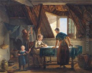 Interior With Woman Doing The Ironing And A Child