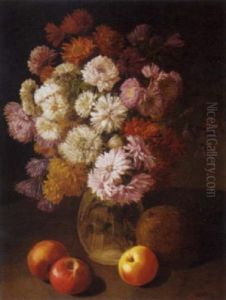 Chrysanthemums And Dahlias In A Glass Vase And Apples And A Coconut On A Table