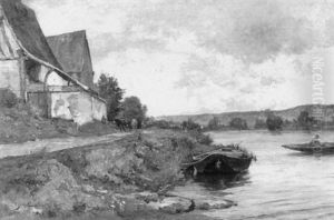 The Path By The River With Cottages by Alexandre Thiollet