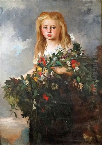 Portrait De Jeune Fille Au Bouquet De Fleurs Des Champs - view 1
