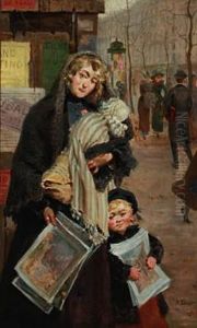 A Young Mother And Her Children Are Selling Journals On A Parisian Boulevard by Antoine Auguste Thivet