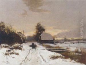 Winter: A Wood Gatherer On A Snow Covered Path At Dusk by Hendrik Otto Van Thol
