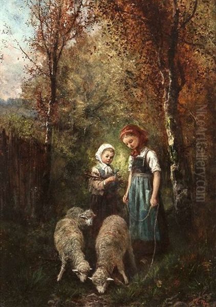 Girls With Sheep In A Woodland (pair) - view 1
