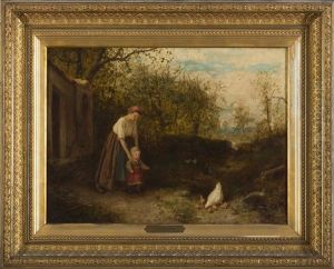 Mother And Child Watching A Hen And Her Chicks by James Crawford Thom