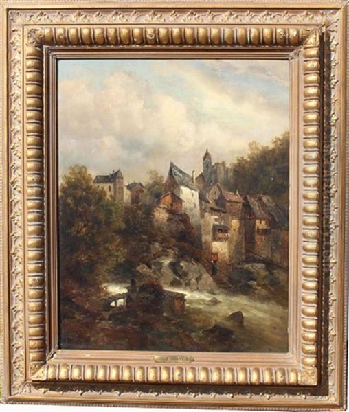 Ainting Of An Alpine Village With Stream - view 1