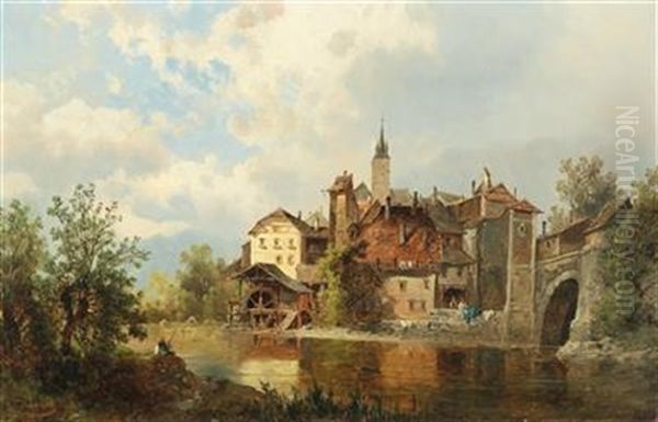Watermill On A Riverbank By A Town - view 1