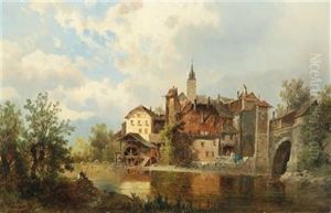 Watermill On A Riverbank By A Town by Josef Thoma the Younger
