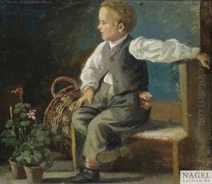 Auf Einer Bank Sitzender Knabe Mit Geranientopfen Und Weidenkorb by Hans Thoma