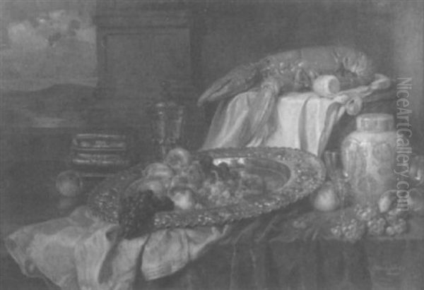 Prunkstilleben Mit Fruchten Auf Einer Silberplatte, Dekoriertem Hummer, Feinsten Glasern Und Zuckerdose - view 1