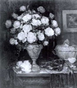 Prunkstilleben Mit Grobem Edelrosenbukett In Siberner       Urnenvase Auf Einer, Von Einerglasplatte Geschutzten by Karl Thoma-Hofele