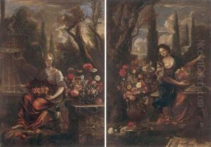 Female Figure Bearing Fruit Seated Beside Bouquets Of Flowers In Ornamental Gardens
