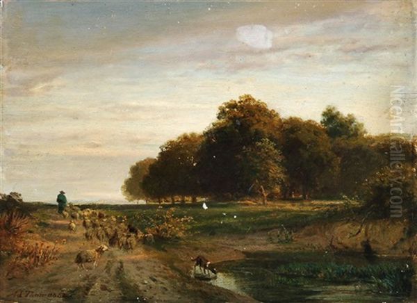 Schafer Mit Seiner Herde An Einem Teich - view 1
