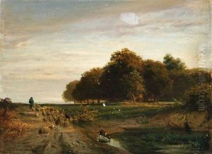 Schafer Mit Seiner Herde An Einem Teich Schafer Mit Seiner Herde An Einem Teich