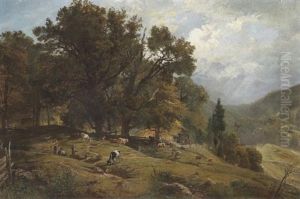 Bayrische Gebirgsalm Mit Weidenden Kuhen Bayrische Gebirgsalm Mit Weidenden Kuhen