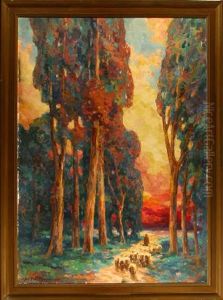 Sunset Landscape - Tall Trees And Sheep by Alice Blair Thomas