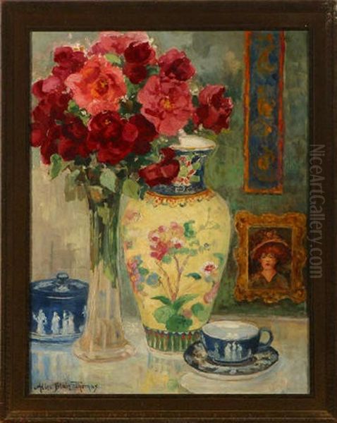 Red Roses, Chinese Vase And Wedgwood Cup And Saucer - view 1