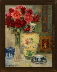 Red Roses, Chinese Vase And Wedgwood Cup And Saucer