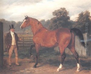 "orlando", A Bay Racehorse Held By His Groom, John Ransom, In A Landscape By A Gate by George Housman Thomas