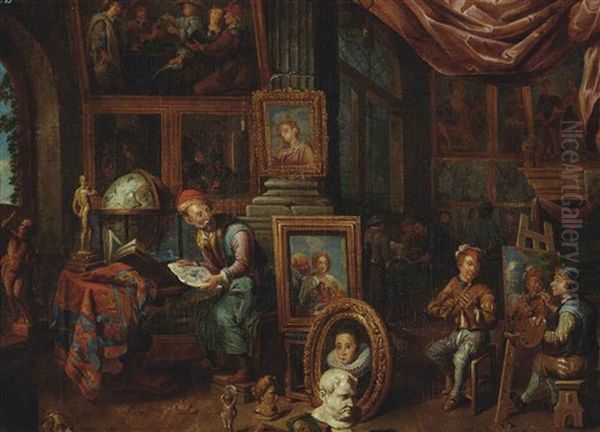 The Artist's Studio, With The Master Holding A Drawing By A Table, A Pupil Portraying A Musician, And Other Pupils In The Background - view 1