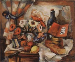 Stillleben Mit Blumen, Flasche, Brot Und Fruchten by Jean Francois Thomas