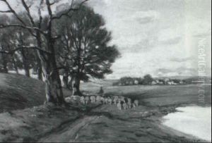 Shepherd And Sheep In Landscape by Paul Thomas