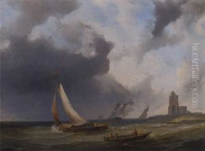 Sailing Vessels On Choppy Water By A Coast by Pieter Hendrik Thomas