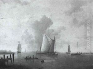 An Estuary Wiith Sailors In A Rowing-boat Approaching A Vessel by Pieter Hendrik Thomas