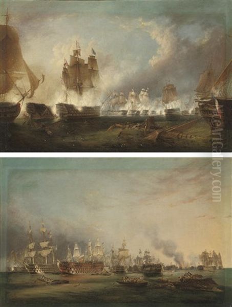 The British Fleet In Action At Trafalgar, With Nelson's "victory" Heavily Engaged (+ After The Close Of The Action; Pair) - view 1