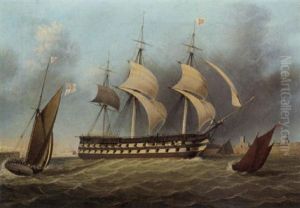 A Two-decker Running Out Of The Harbour At Portsmouth In A Stiff Breeze by Robert Strickland Thomas