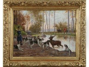 Equipage Du Duc De Chartres, Bat L'eau De Cerf Dans Le Canal Du Chateau De Chantilly by Adolphe Thomasse