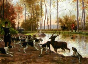 Equipage Du Duc De Chartres, Bat L'eau De Cerf Dans Le Canal Du Chateau De Chantilly by Adolphe Thomasse